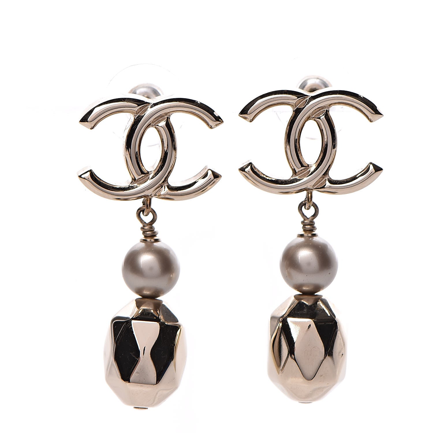 Chanel Metal Bead Pearl CC Drop Earrings Golden Pearly White 1 of 5