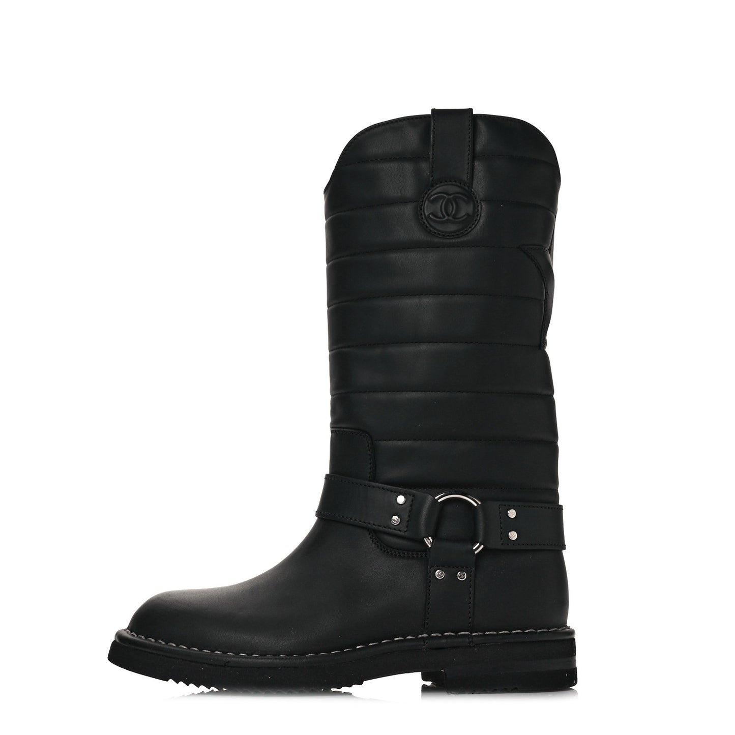 Oily Calfskin Star Quilted Biker Boots 36 Black