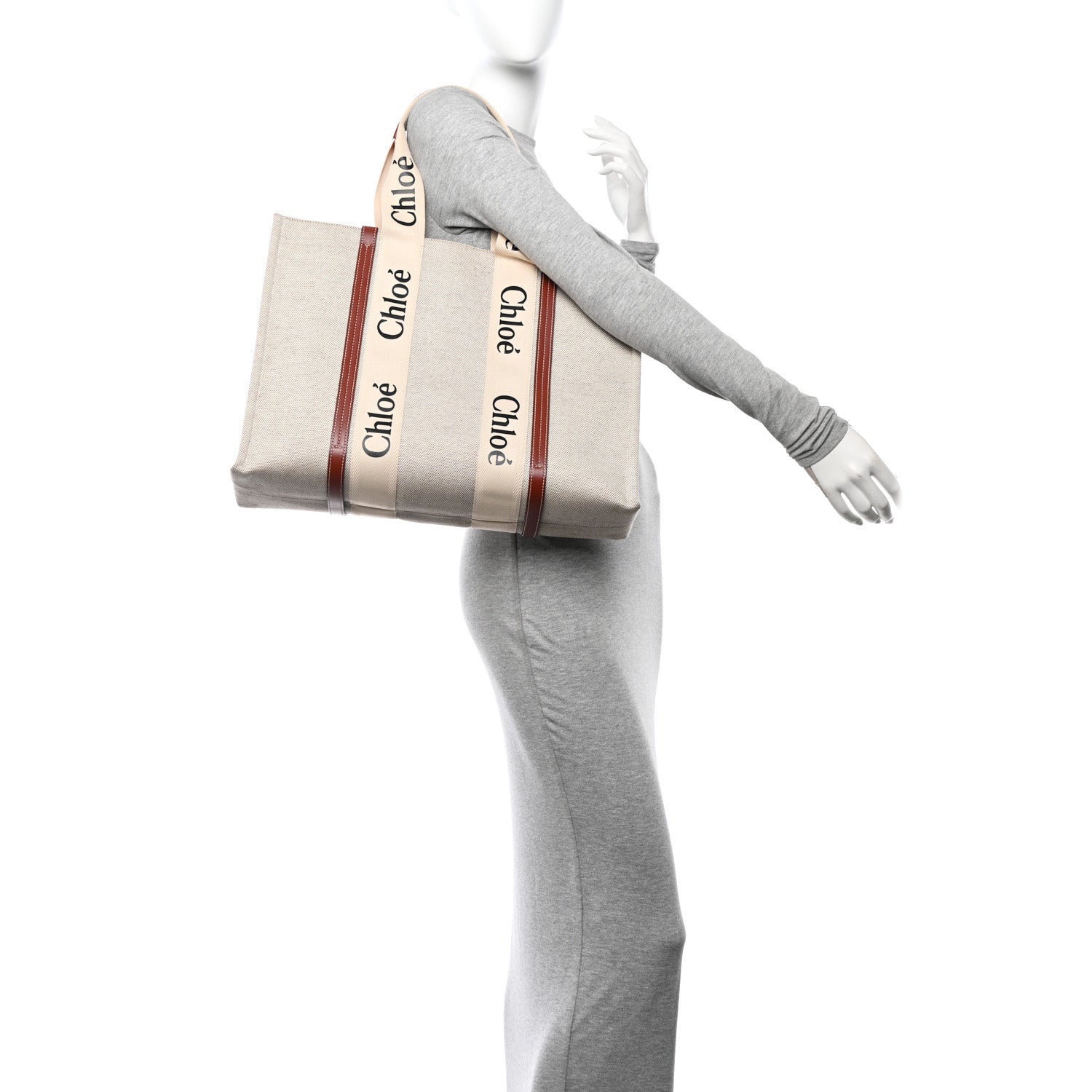 Chloe Cotton Calfskin Large Woody Ribbon Tote White Brown 2 of 13