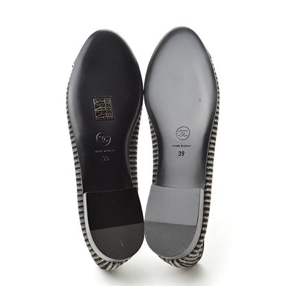 Chanel Velvet Caviar Striped CC Cap Toe Ballerina Flats 39 Grey Black 5 of 7