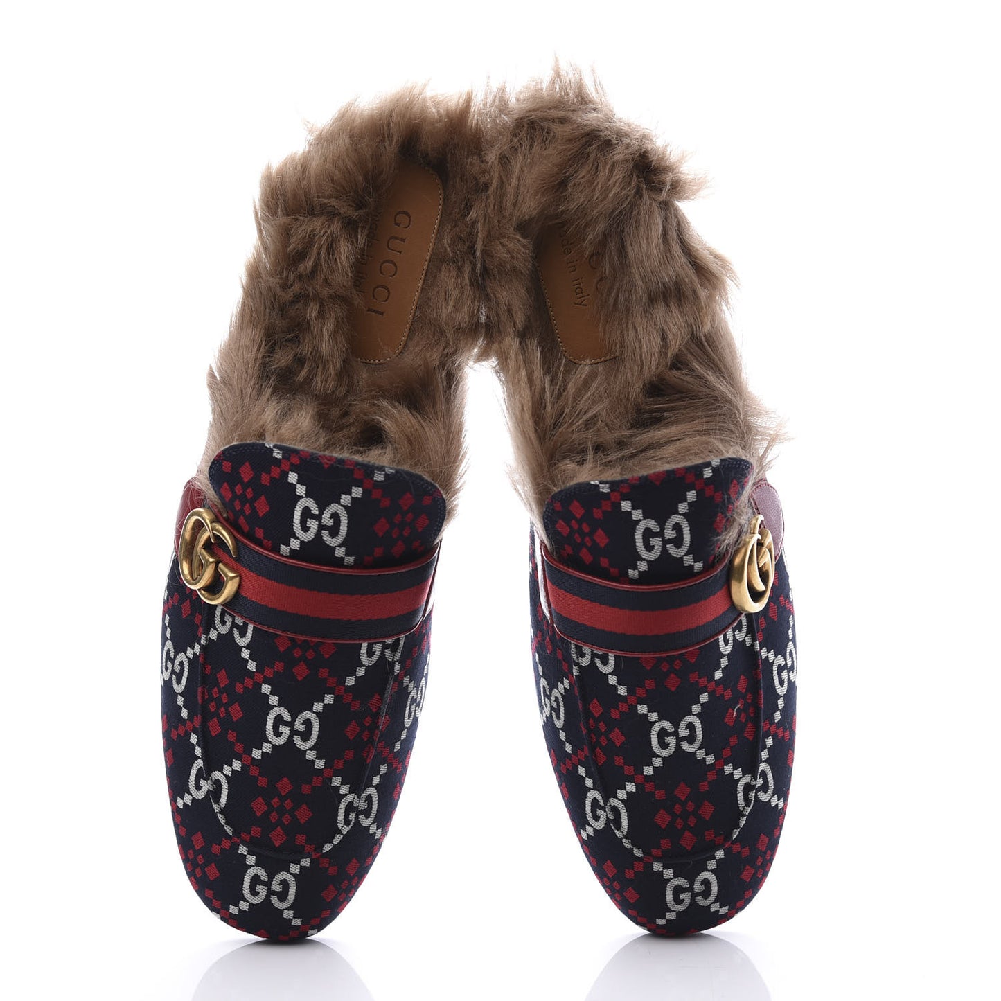 Canvas GG Monogram Diamond Fur Web GG Mens Princetown Slippers 12.5 Midnight Blue Hibiscus Red