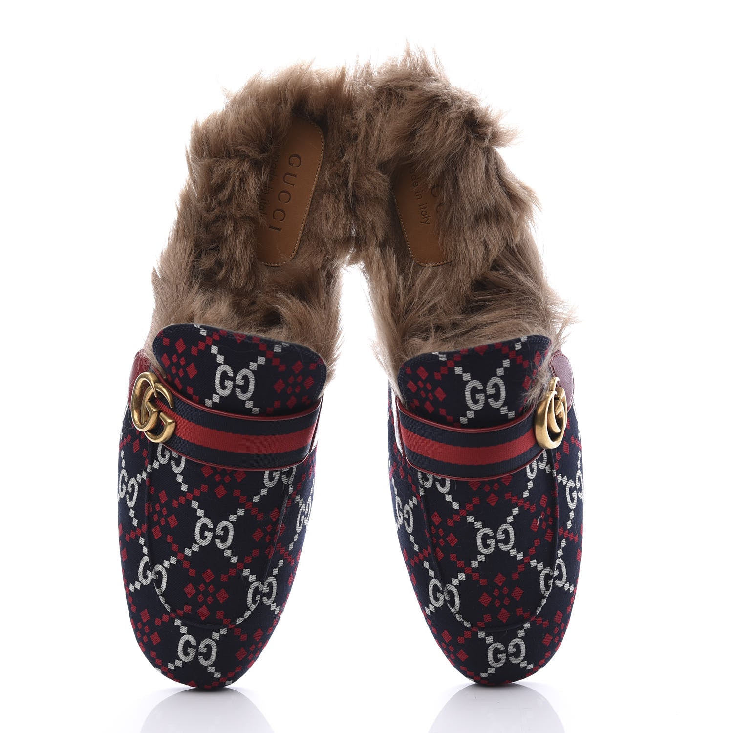 Gucci Canvas GG Monogram Diamond Fur Web GG Mens Princetown Slippers 12.5 Midnight Blue Hibiscus Red 5 of 10