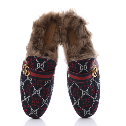Gucci Canvas GG Monogram Diamond Fur Web GG Mens Princetown Slippers 12.5 Midnight Blue Hibiscus Red 5 of 10