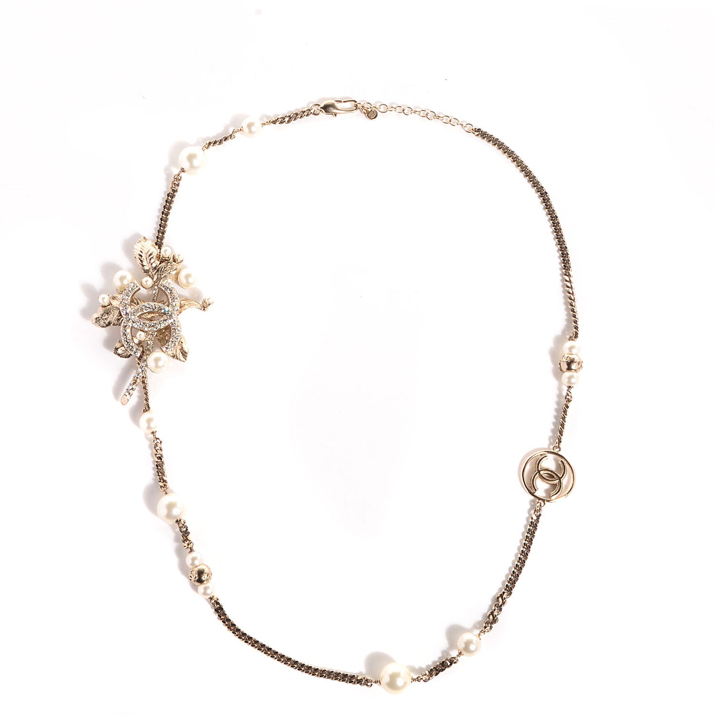 Crystal Pearl CC Leaf Necklace Gold