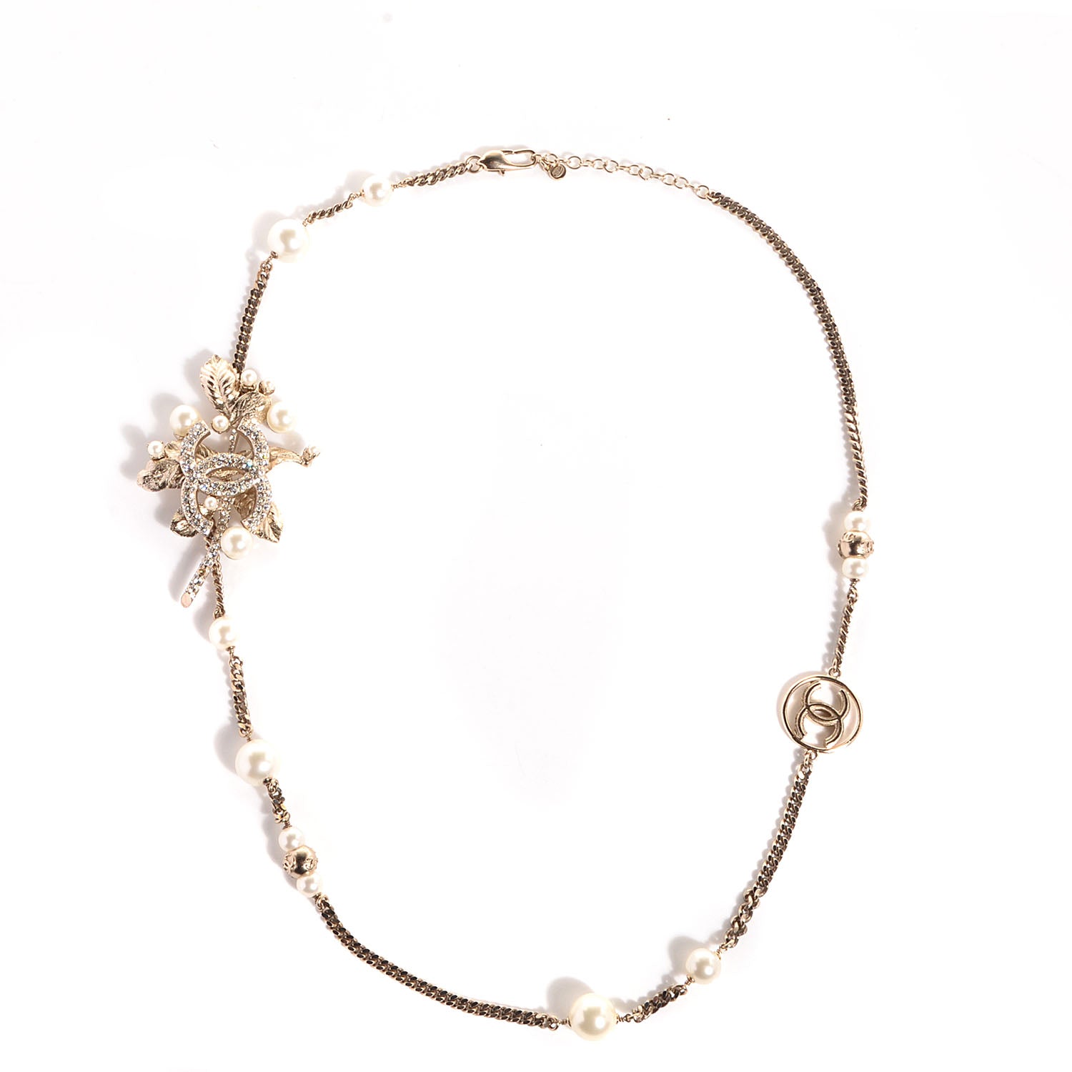 Chanel Crystal Pearl CC Leaf Necklace Gold 1 of 7
