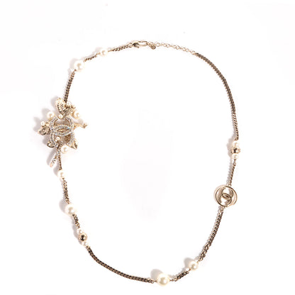 Chanel Crystal Pearl CC Leaf Necklace Gold 1 of 7