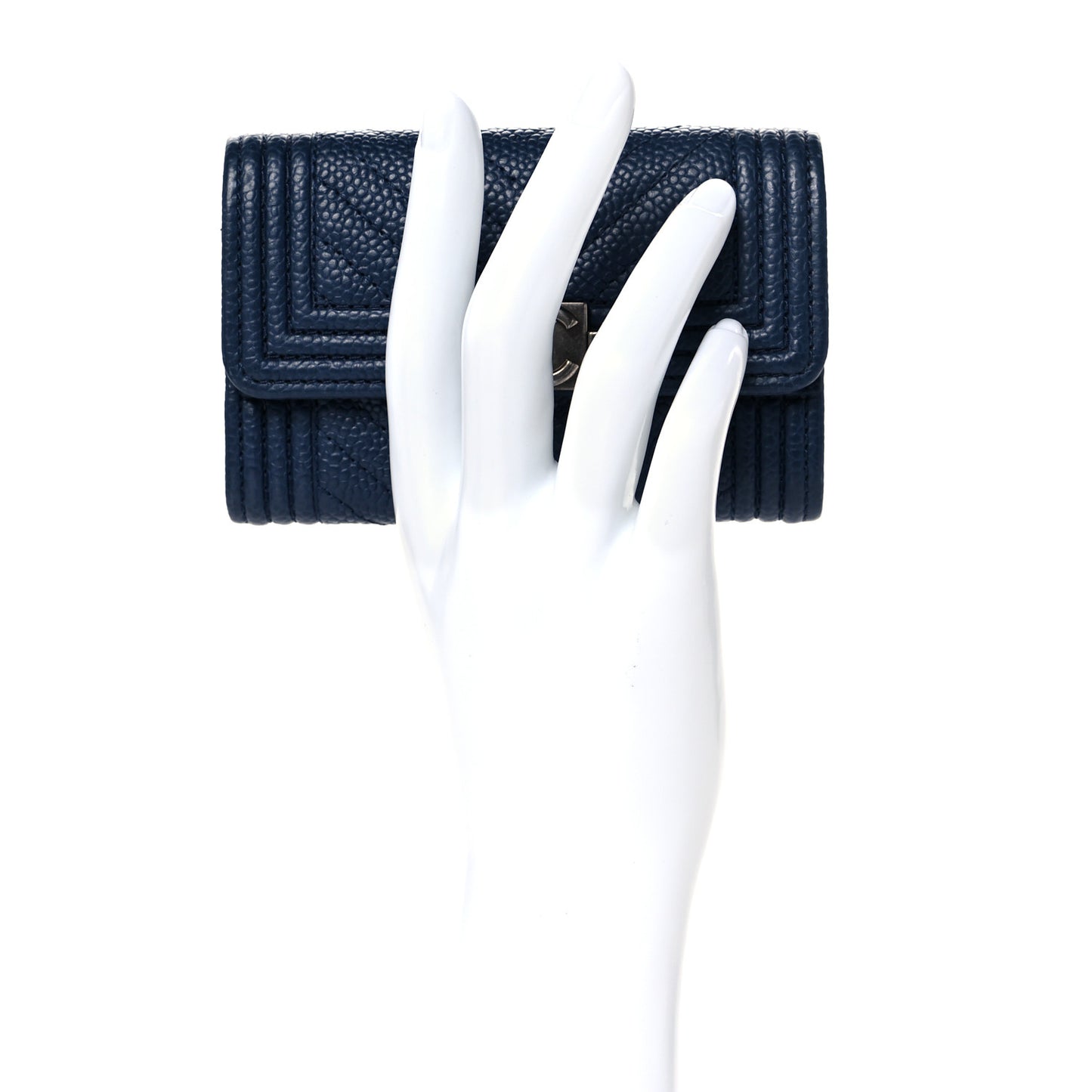 Caviar Chevron Quilted Boy Card Holder Wallet Navy