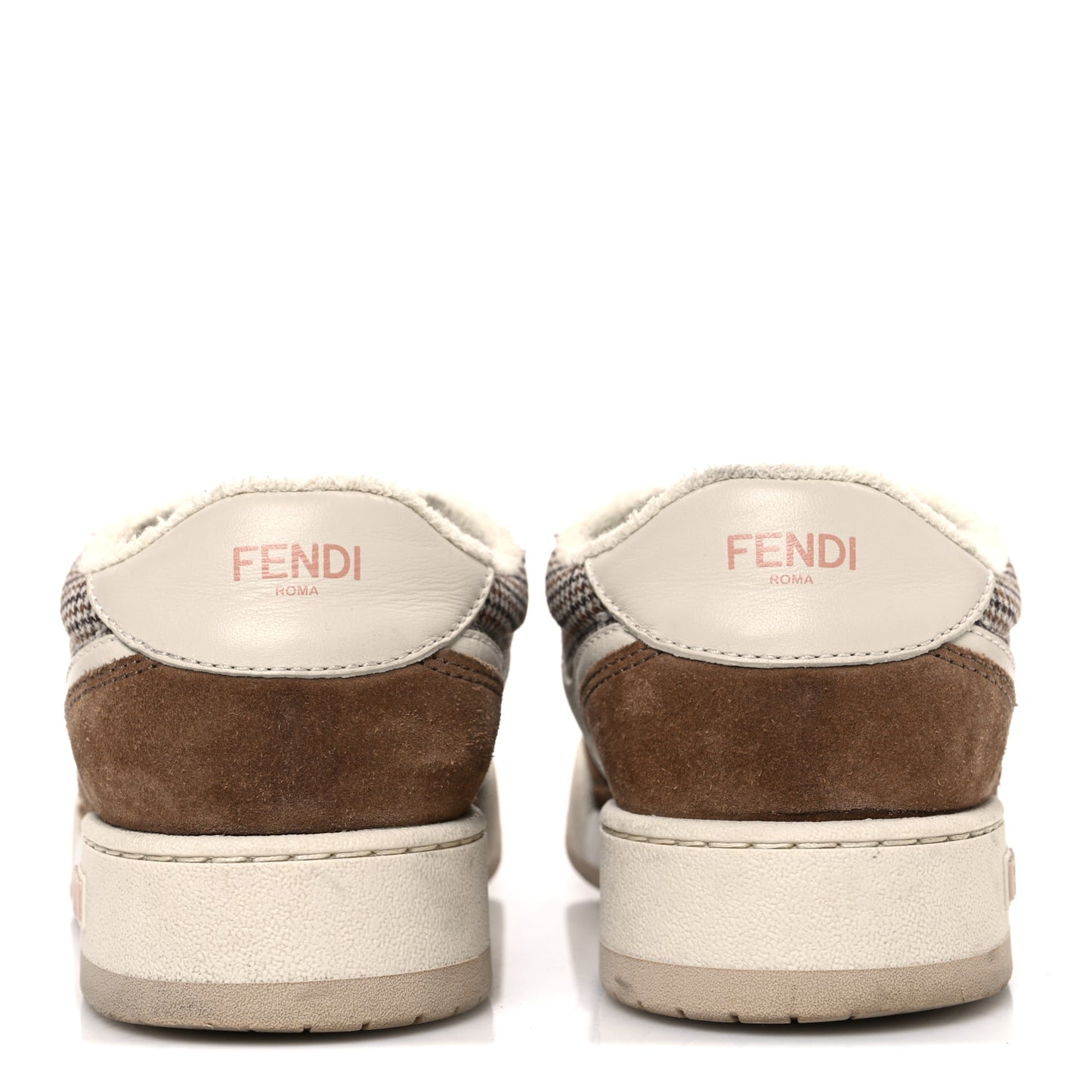 Calfskin Suede Houndstooth Fendi Match Low Top Sneakers 37 Cream Brown