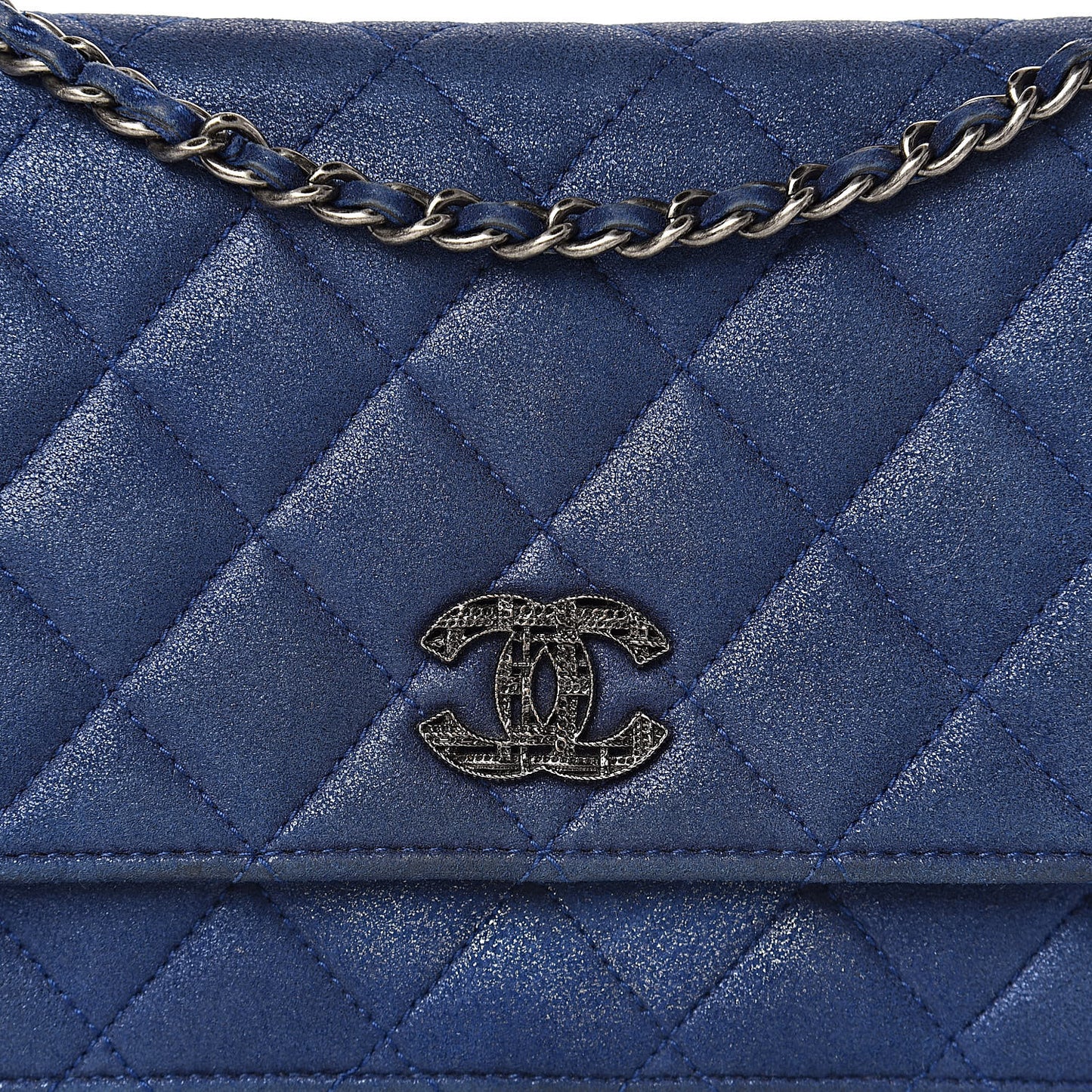 Iridescent Calfskin Quilted Wallet on Chain WOC Blue