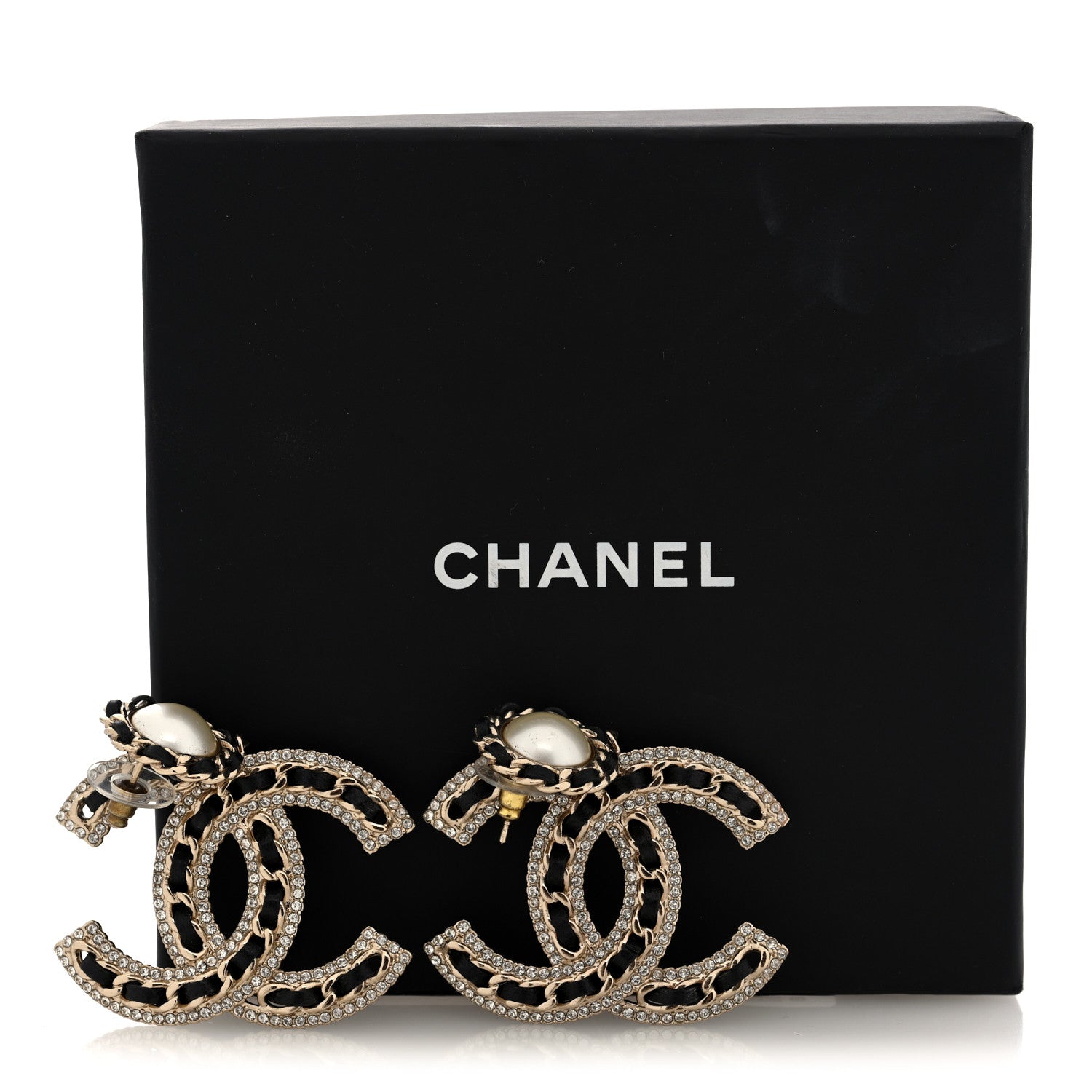 Chanel Pearl Lambskin Crystal Chain CC Drop Earrings Black Gold 5 of 5