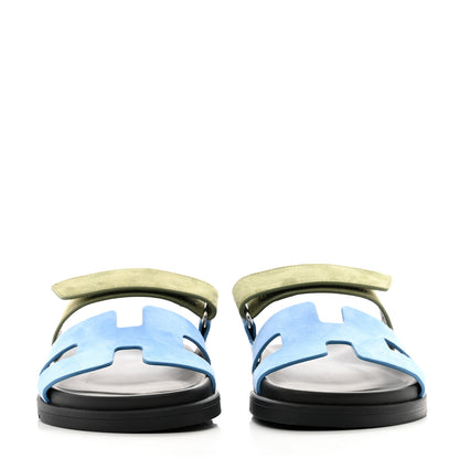 Hermes Suede Goatskin Womens Chypre Sandals 38 Bleu Cameo Vert 2 of 9