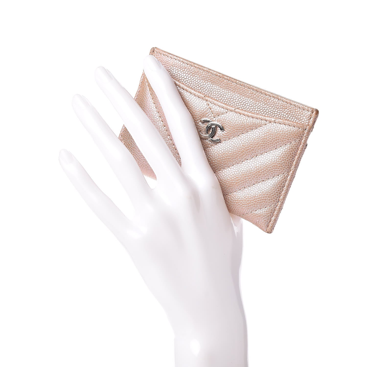 Chanel Metallic Caviar Chevron Quilted Card Holder Light Gold 2 of 9