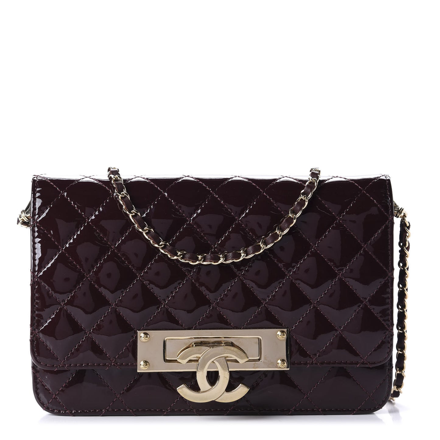 Patent Quilted Golden Class Wallet on Chain WOC Burgundy