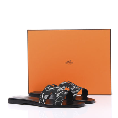 Hermes Cotton Canvas Printed Les Cles Bandana Oran Sandals 37 Black 9 of 9