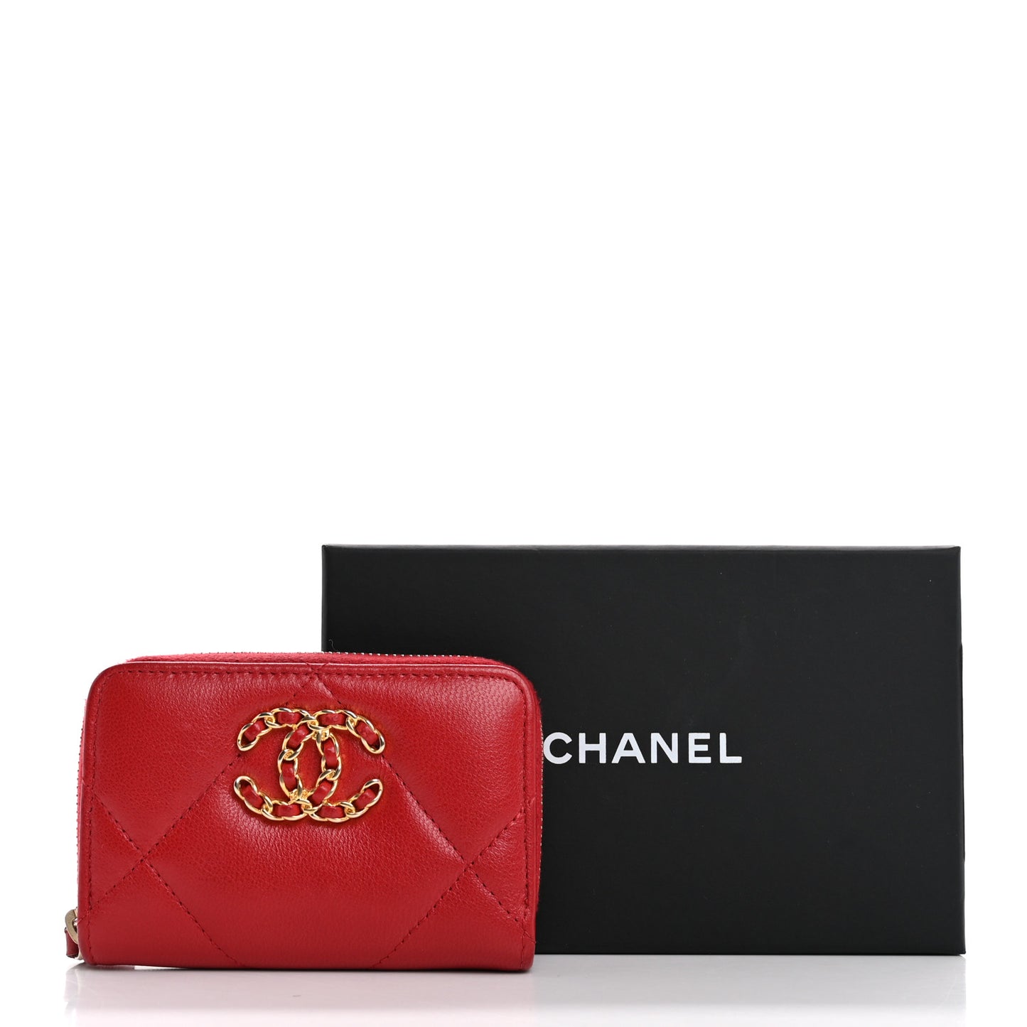 Goatskin Quilted Chanel 19 Zip Around Coin Purse Wallet Red