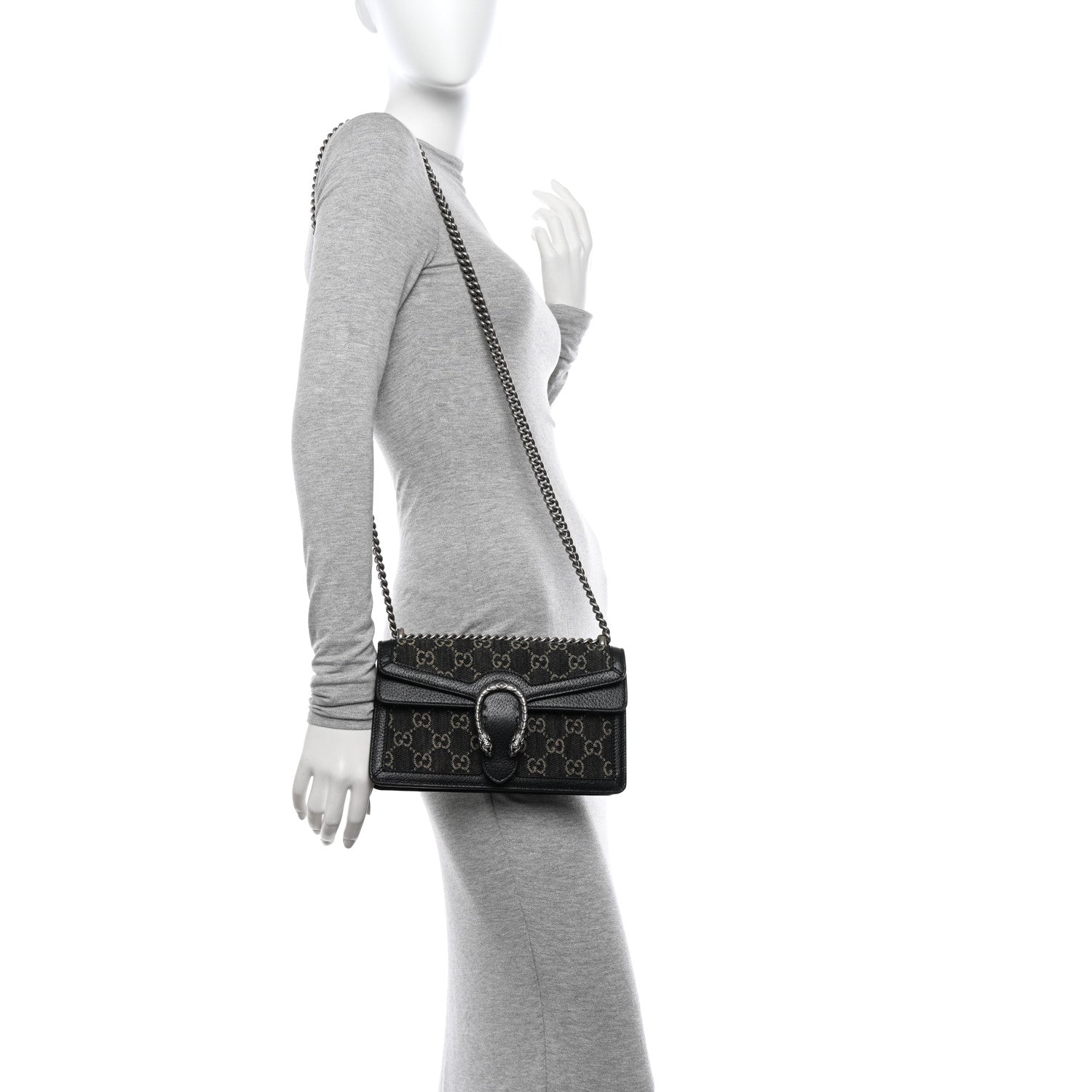 Gucci Jacquard Black Denim GG Monogram Textured Dollar Calfskin Small Dionysus Shoulder Bag Black Ivory 2 of 12