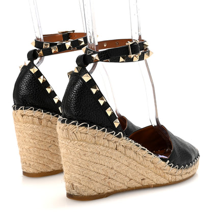 Valentino Garavani Grained Calfskin Rockstud Ankle Wrap Espadrille 15/85mm Wedges 37 Black Light Cuir 5 of 10