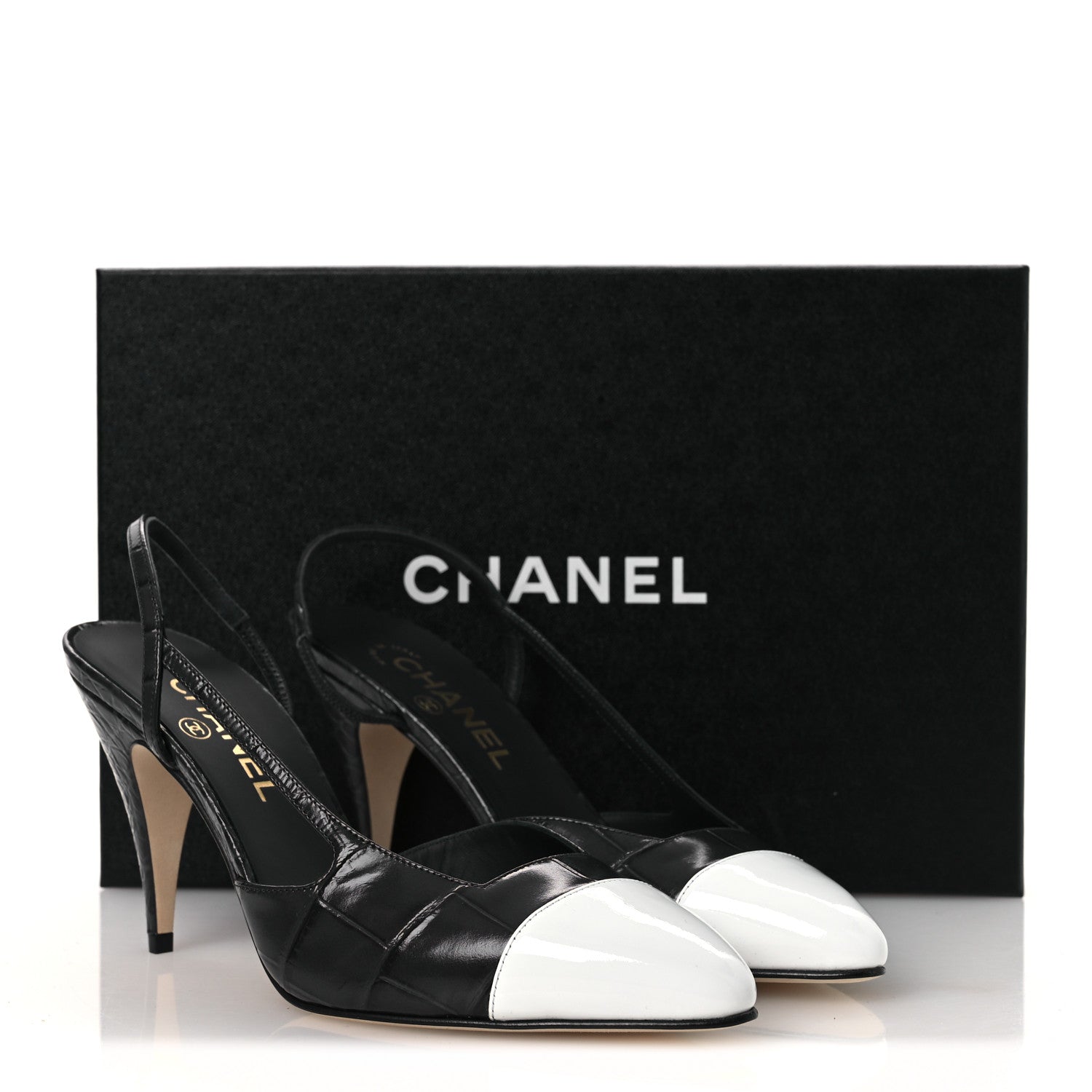 Chanel Patent Calfskin Crocodile Embossed Cap Toe CC Slingback Pumps 38.5 Dark Grey White 11 of 11