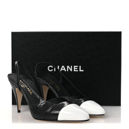 Chanel Patent Calfskin Crocodile Embossed Cap Toe CC Slingback Pumps 38.5 Dark Grey White 11 of 11