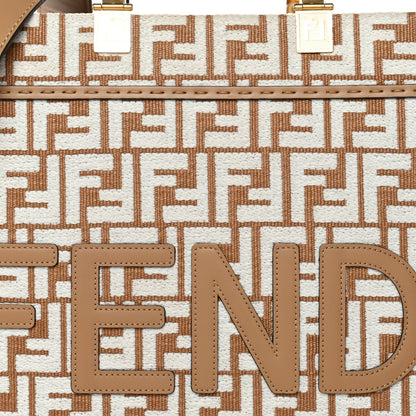 Fendi Woven Fabric Calfskin FF Medium Fendi Sunshine Shopper Tote Natural White Dark Honey 8 of 10