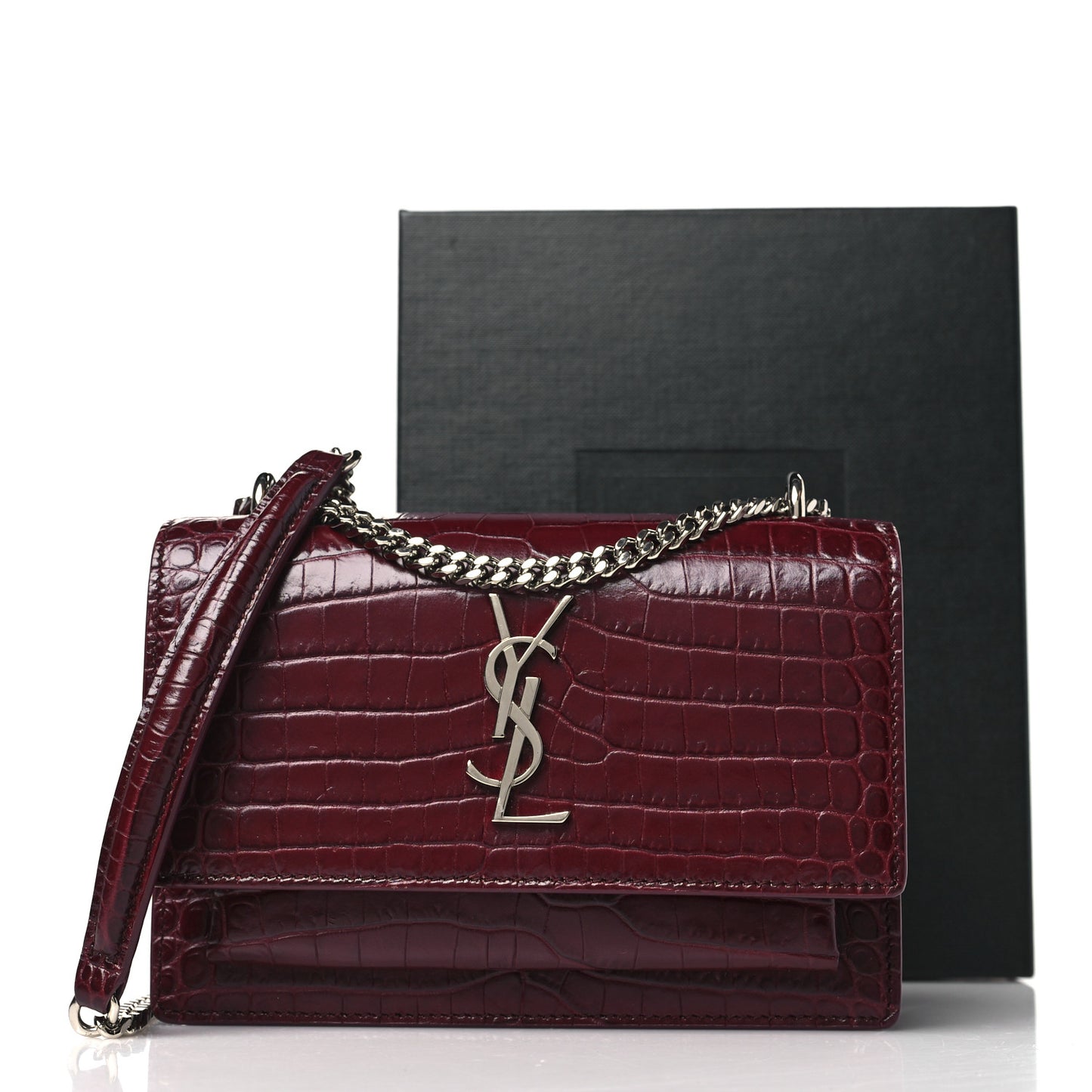 Calfskin Crocodile Embossed Monogram Sunset Chain Wallet Rouge Legion