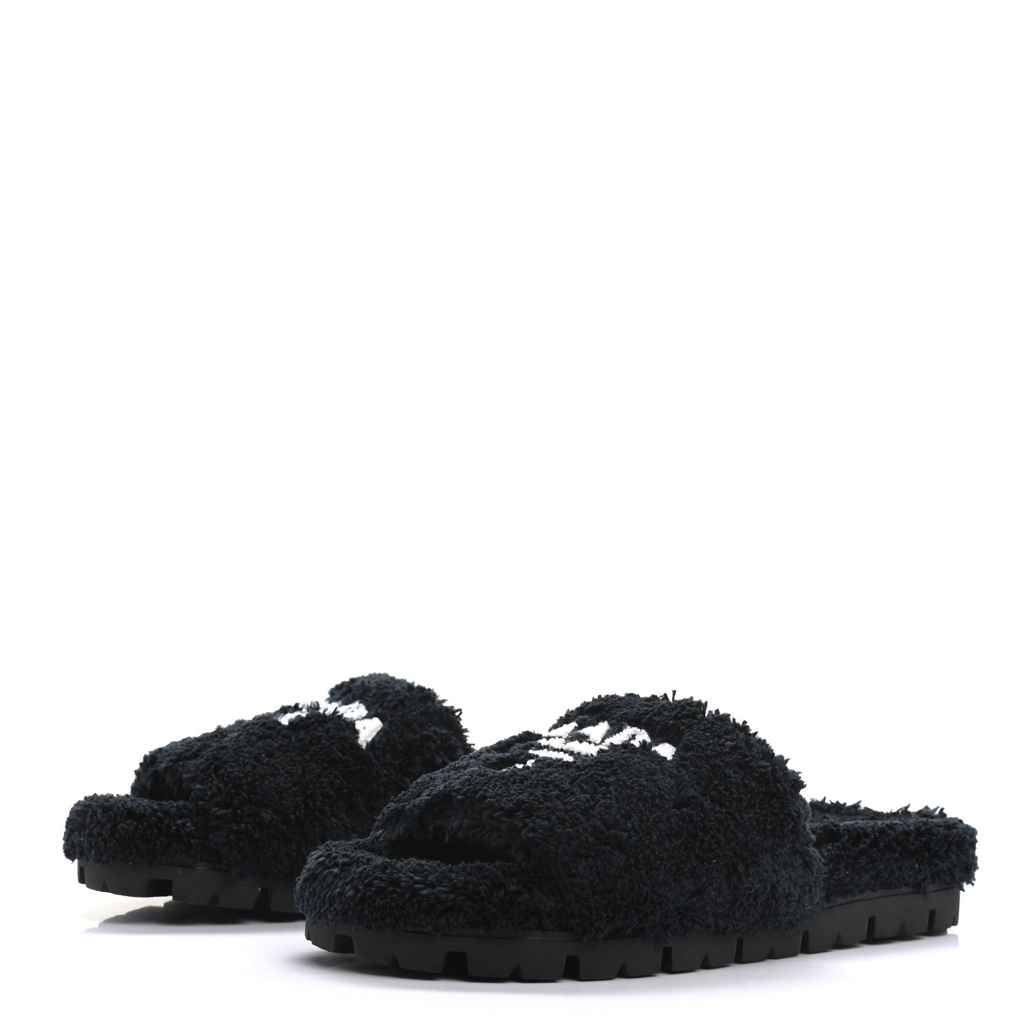 Prada Terry Cloth Logo Lug Sole 20mm Slide Sandals 40 Black White 3 of 8