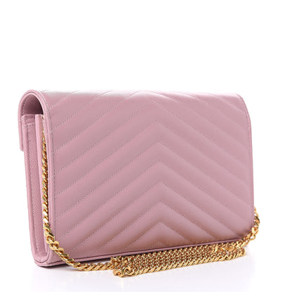 Saint Laurent Grain De Poudre Matelasse Chevron Monogram Chain Wallet Pale Pink 3 of 10