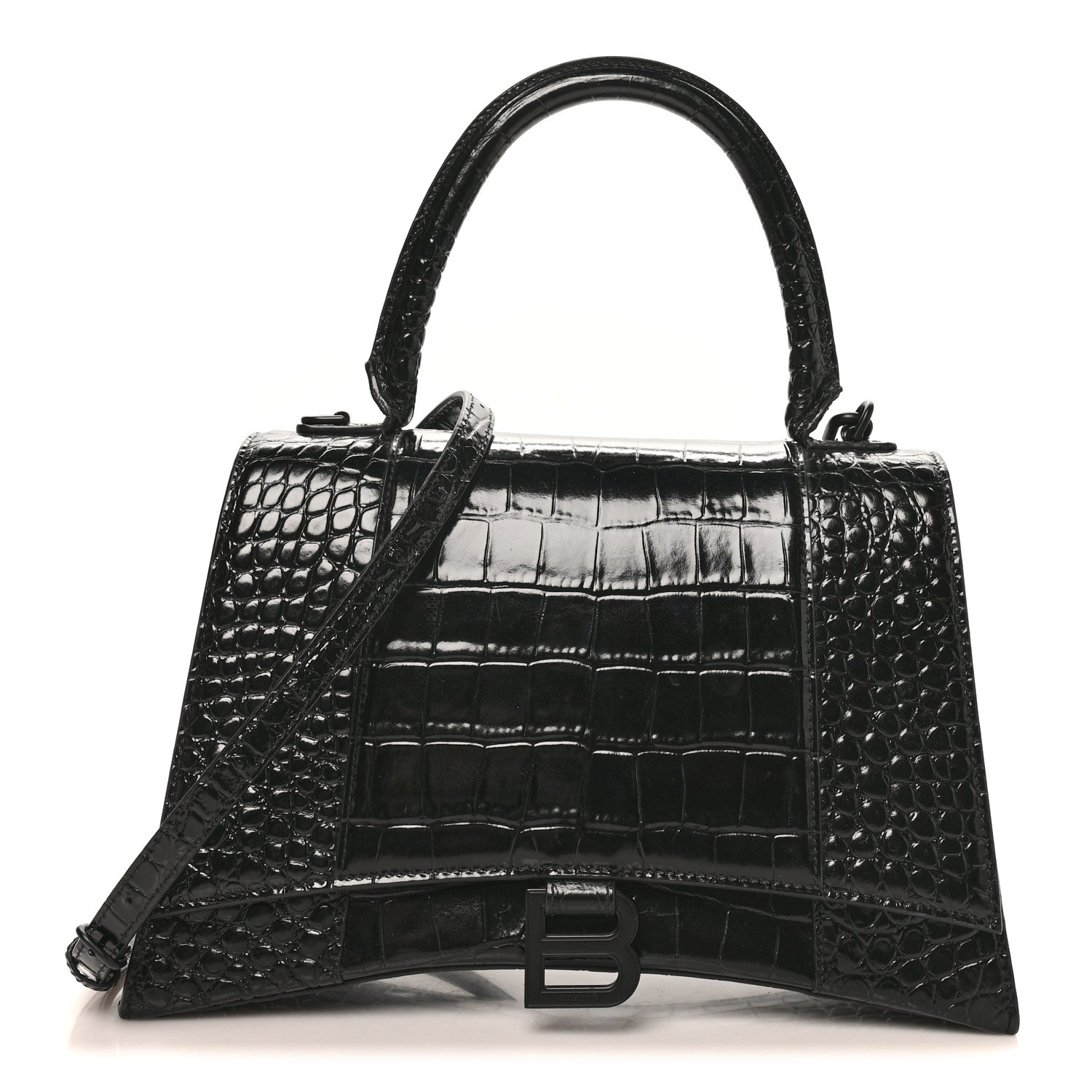 Balenciaga Shiny Calfskin Monochrome Crocodile Embossed Medium Hourglass Top Handle Bag Black 1 of 9