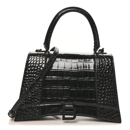 Balenciaga Shiny Calfskin Monochrome Crocodile Embossed Medium Hourglass Top Handle Bag Black 1 of 9