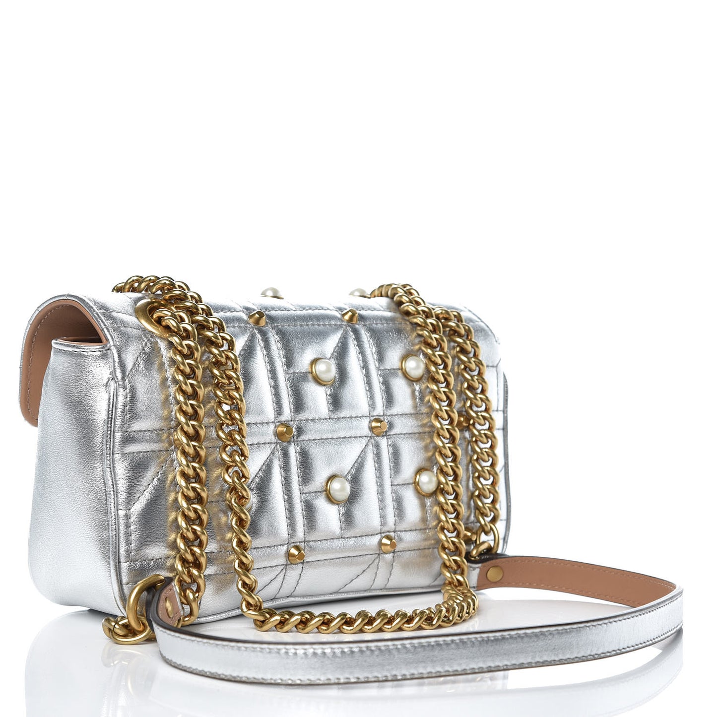 Metallic Calfskin Matelasse Studded Mini Pearly GG Marmont Shoulder Bag Silver