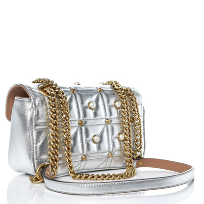 Gucci Metallic Calfskin Matelasse Studded Mini Pearly GG Marmont Shoulder Bag Silver 3 of 8