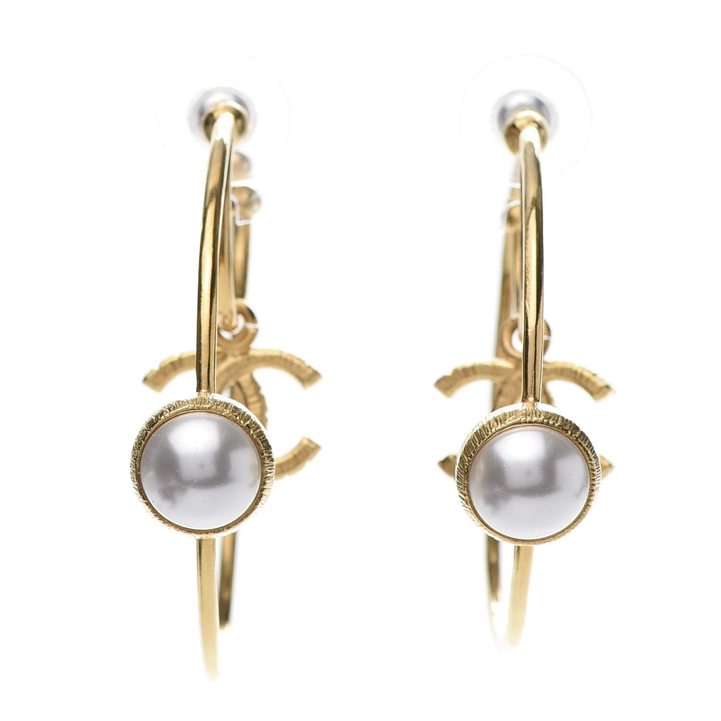 Pearl CC Tags Hoop Earrings Gold