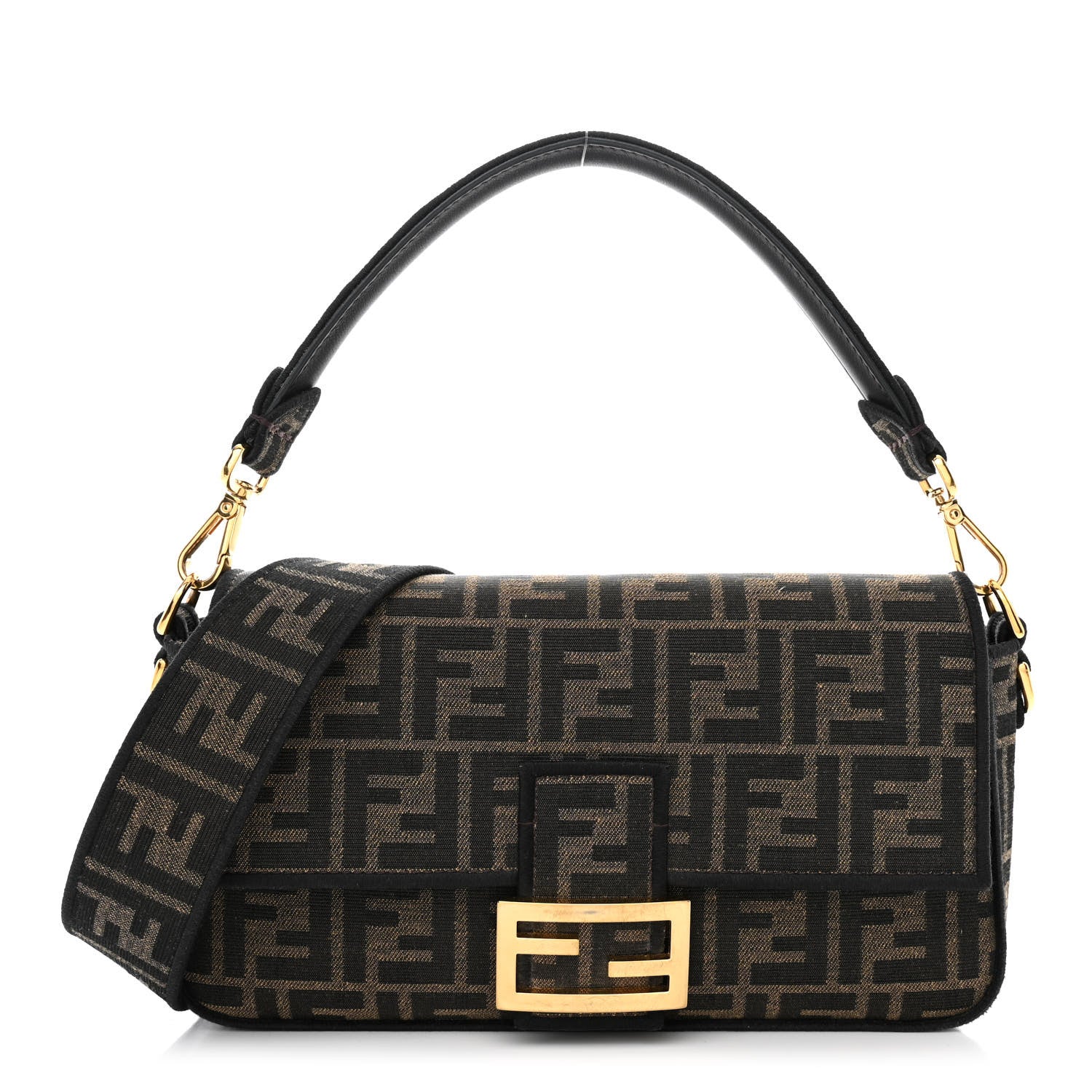Fendi Fabric Jacquard FF 1974 Medium Baguette Tobacco Moro Black 1 of 10