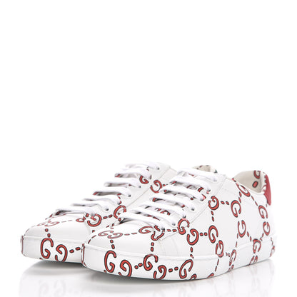 Gucci Calfskin GucciGhost Print Womens Ace Sneakers 38 White Hibiscus Red 2 of 9