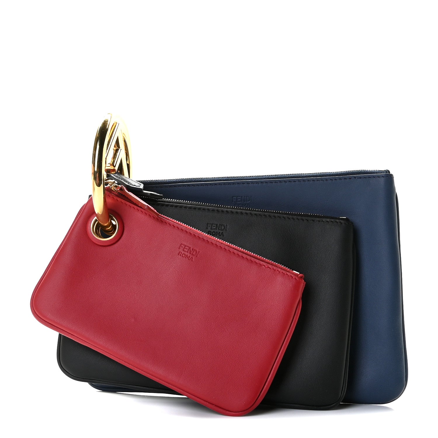 Fendi Vitello Century Opaco F is Fendi Tri-Color Triplette Pouch Set Fragola Black Blu Scuro 1 of 10