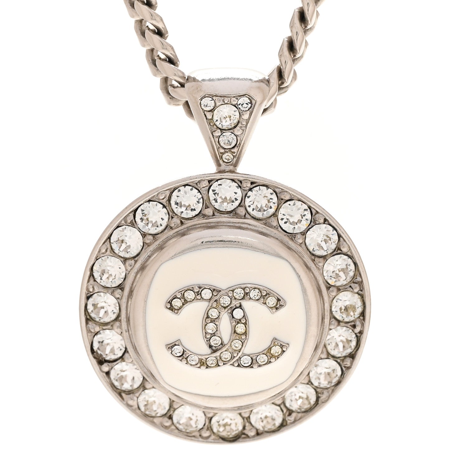 Chanel Crystal Enamel CC Pendant Necklace Silver White 4 of 6