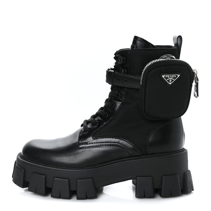 Prada Spazzolato Rois Nylon Metal Triangle Logo Monolith Pouch Pocket 55mm Boots 37.5 Black 1 of 9