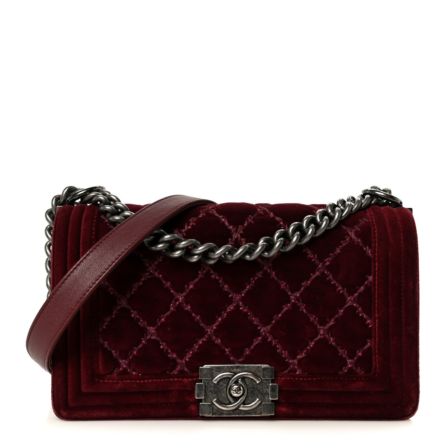 Chanel Velvet Tweed Quilted Medium Boy Flap Burgundy 1 of 10