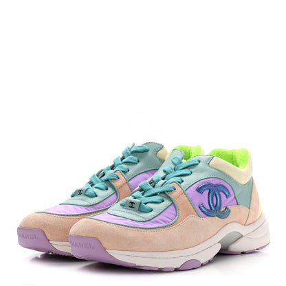 Chanel Nylon Lambskin Suede Calfskin CC Sneakers 39 Green Purple Pink 3 of 7