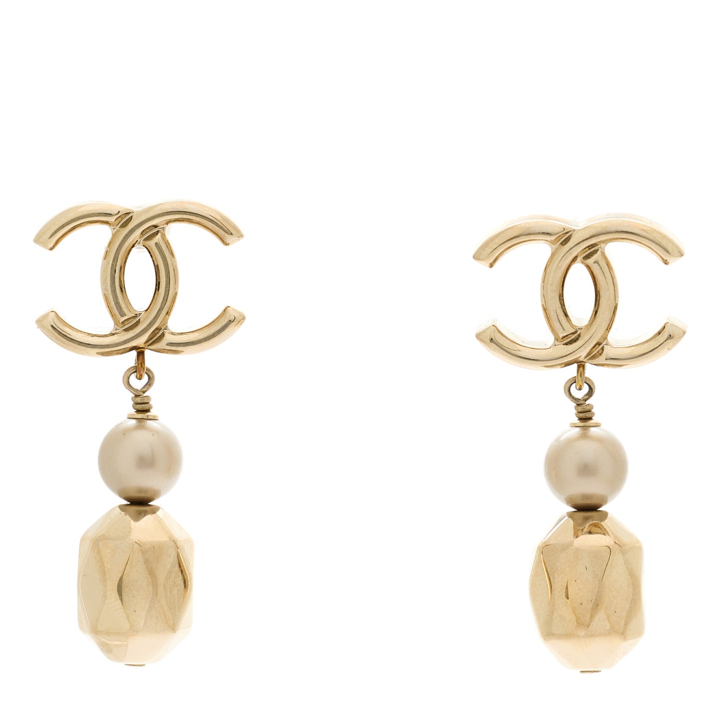Metal Bead Pearl CC Drop Earrings Gold