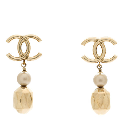 Chanel Metal Bead Pearl CC Drop Earrings Gold 1 of 5