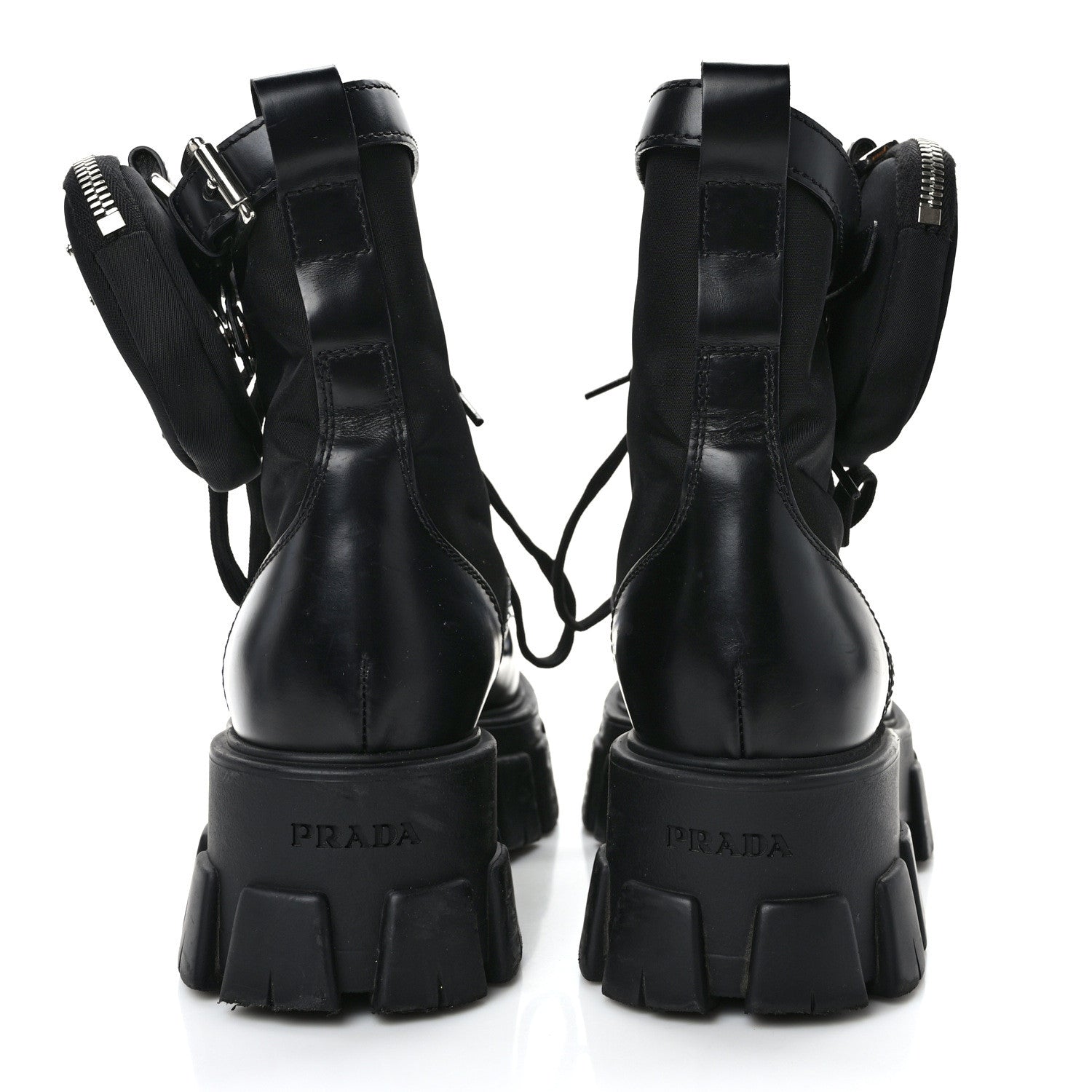 Prada Spazzolato Rois Nylon Metal Triangle Logo Monolith Pouch Pocket 55mm Boots 38.5 Black 5 of 11