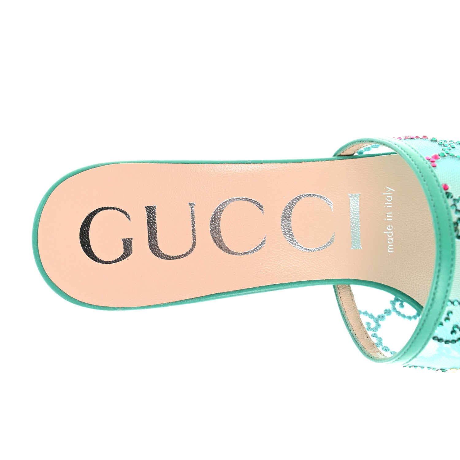 Gucci Tela Retino Nappa Crystal GG Monogram Square G 95mm Slide Sandals 37 Turquoise 7 of 8
