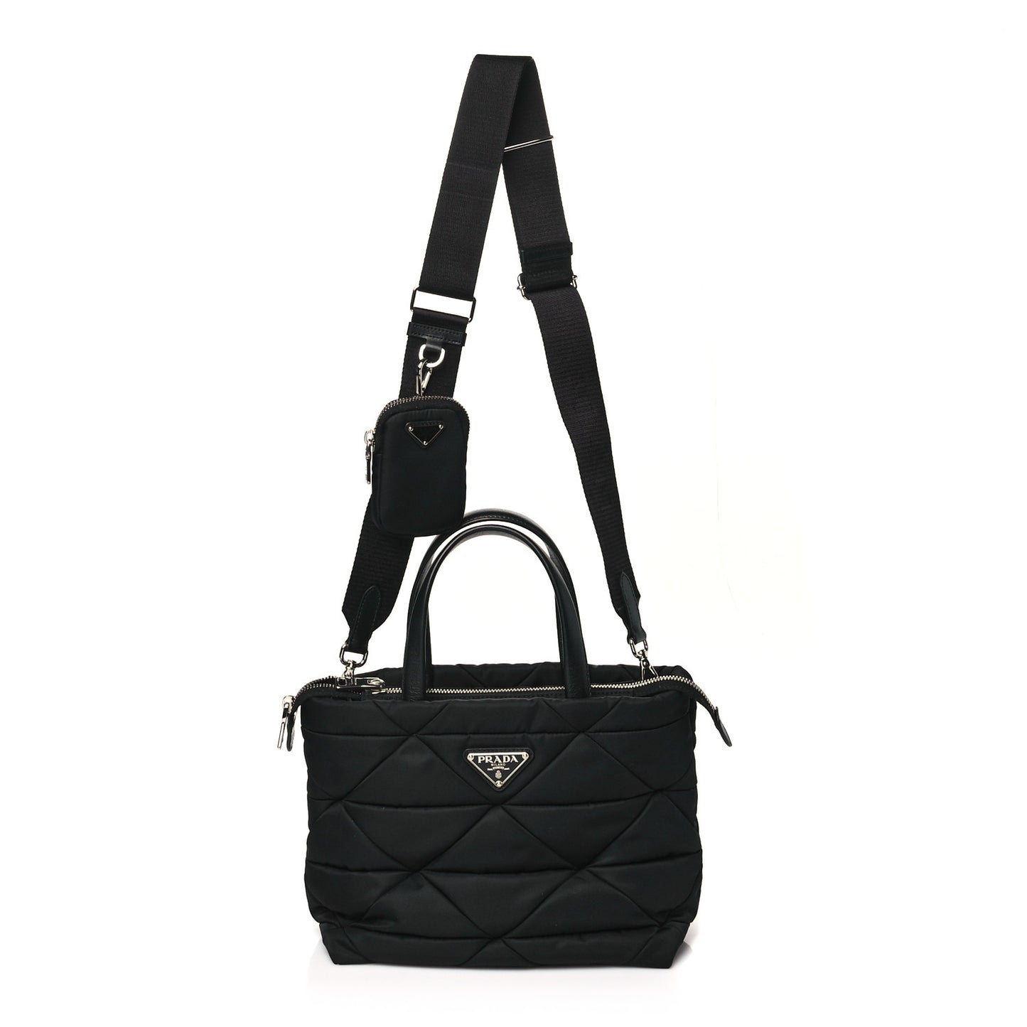 Re-Nylon Nappa Triangle Quilted Padded Double Handled Zip Pocket Tote Black