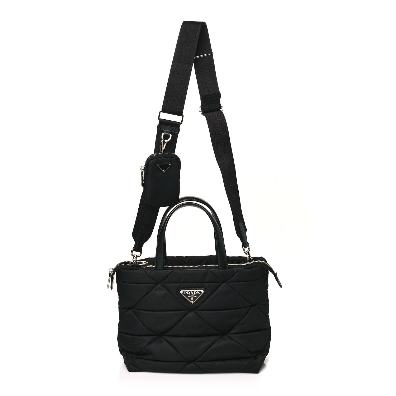 Prada Re-Nylon Nappa Triangle Quilted Padded Double Handled Zip Pocket Tote Black 1 of 9