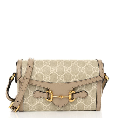 Gucci GG Supreme Monogram Textured Dollar Calfskin Mini Horsebit 1955 Shoulder Bag Beige Mystic White Oatmeal 1 of 11