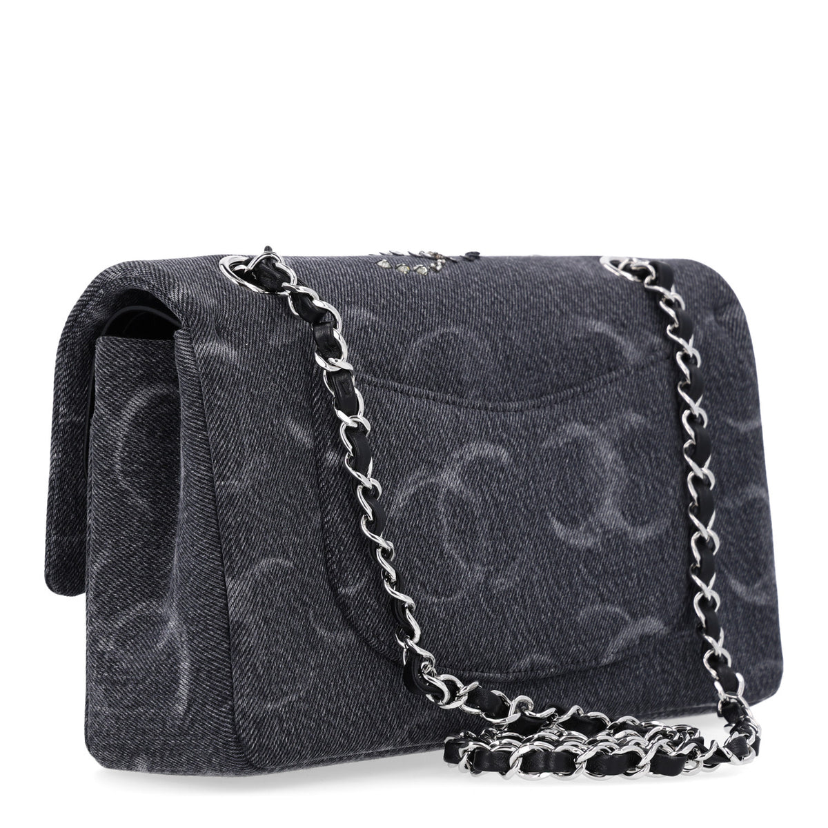 Denim Crystal Sequin CC Medium Double Flap Black