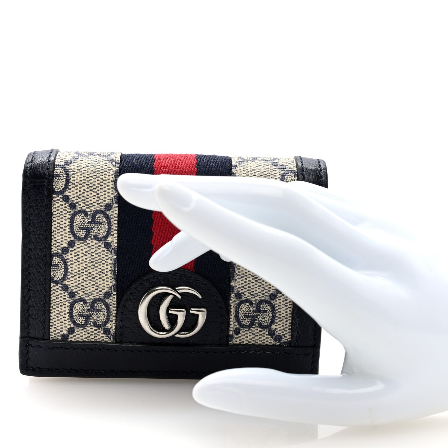 GG Supreme Monogram Textured Dollar Calfskin Web Ophidia Card Case Beige Blue