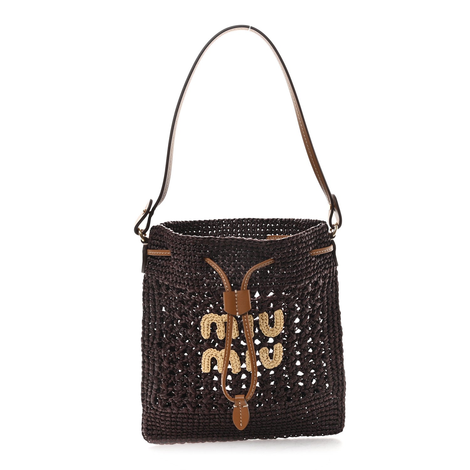 Miu Miu Raffia Crochet Drawstring Pouch Cacao Naturale 1 of 9