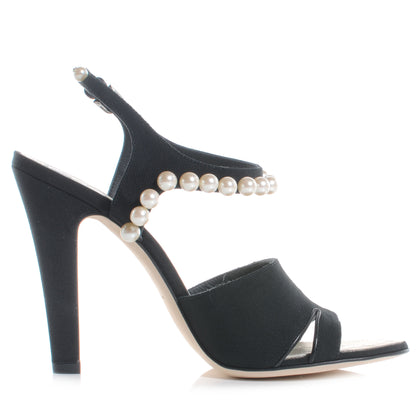 Chanel Pearl Trimmed Sandals Heels 38.5 Black 1 of 7